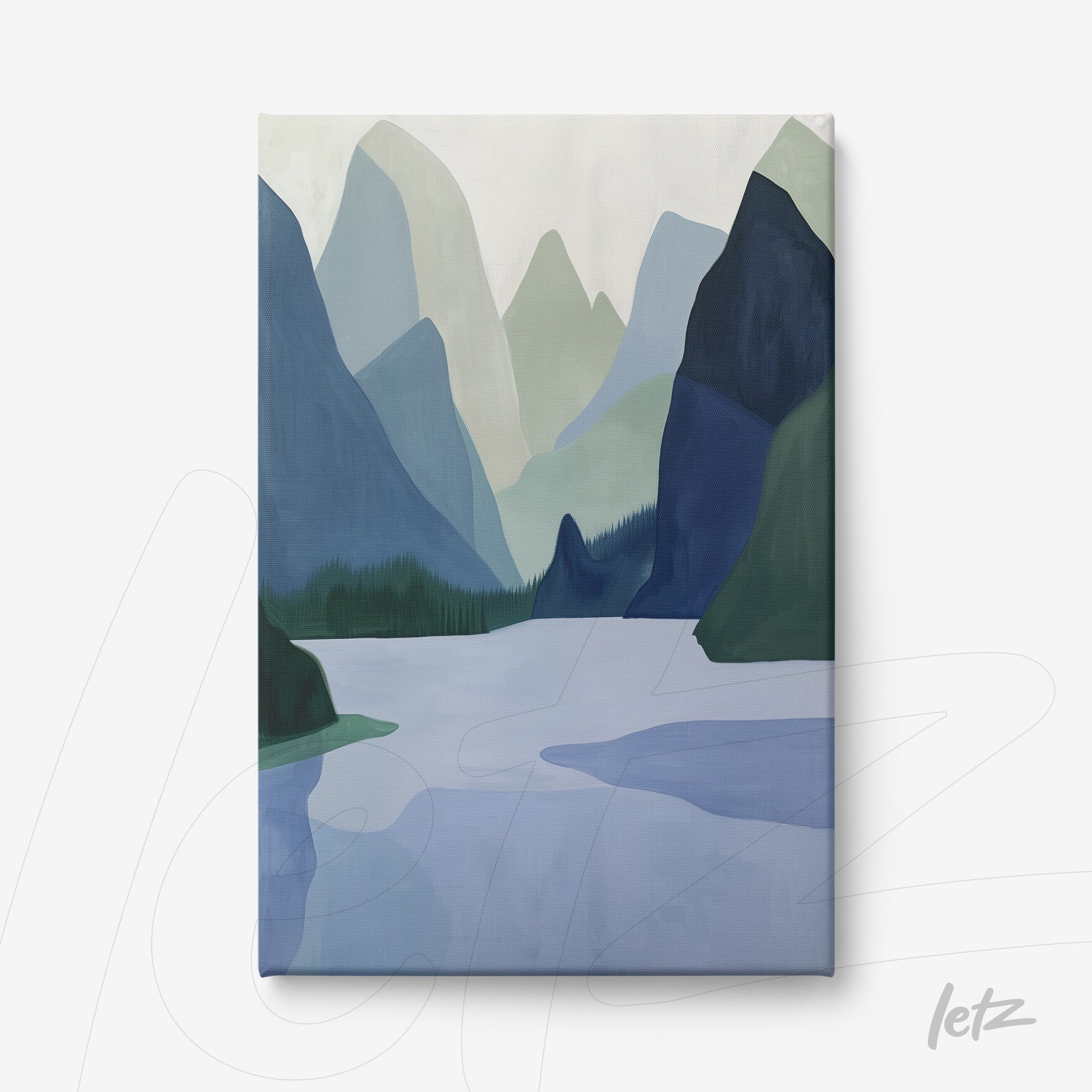 quadro em canvas com paisagem de montanhas em tons de azul e verde sobre lago calmo