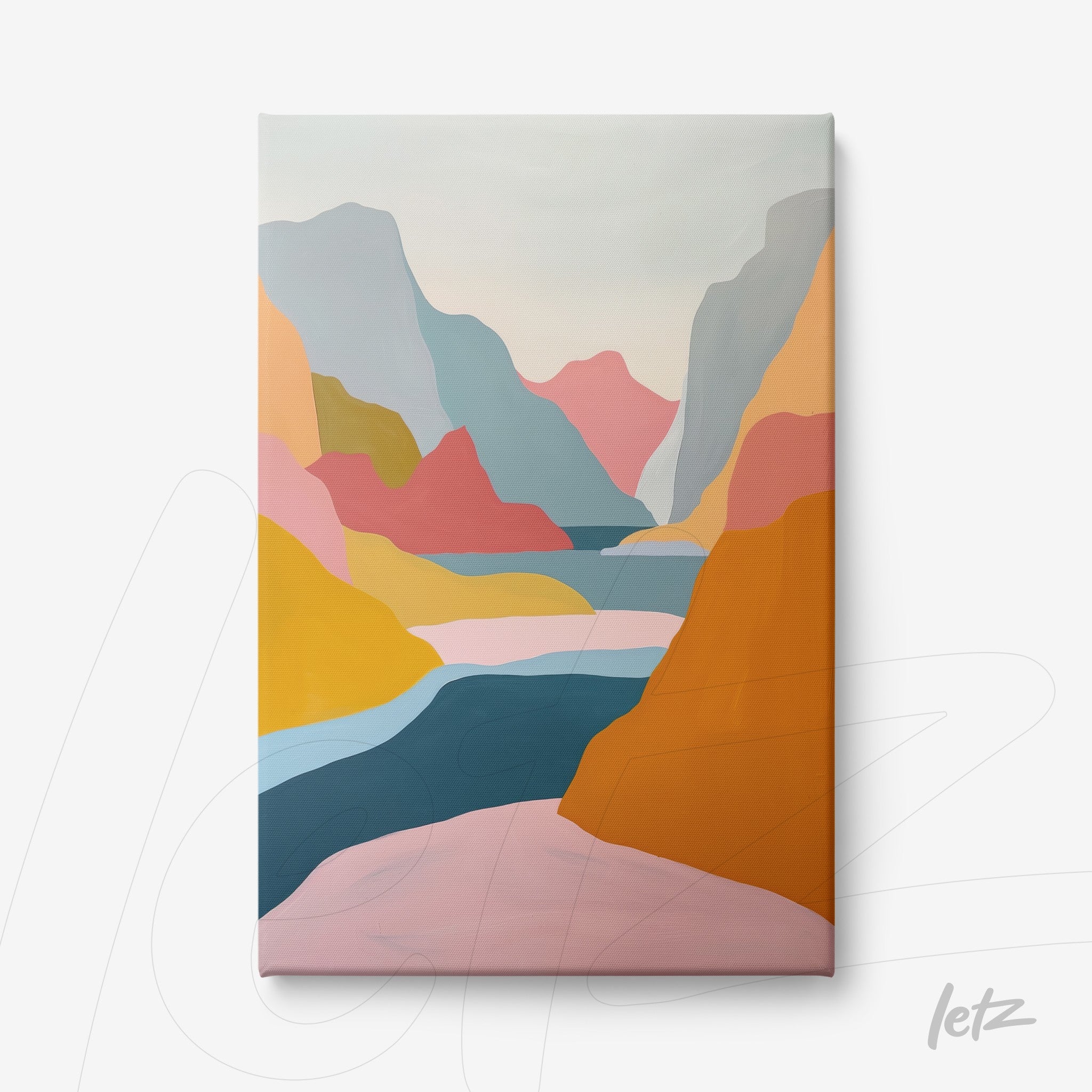quadro em canvas com arte abstrata de paisagem montanhosa em tons pastel e vibrantes