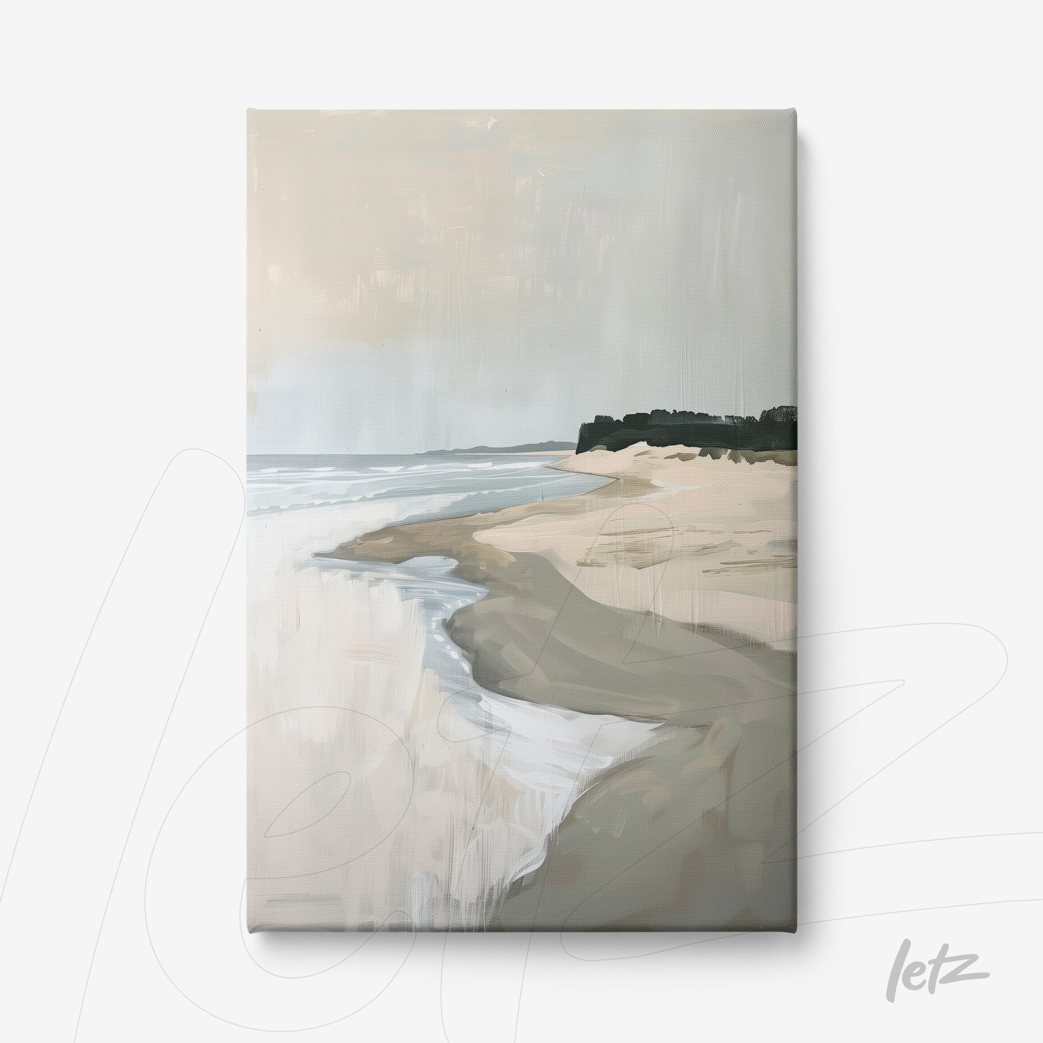 quadro em canvas com representação de uma praia serena com areia e ondas suaves, vegetação escura ao fundo