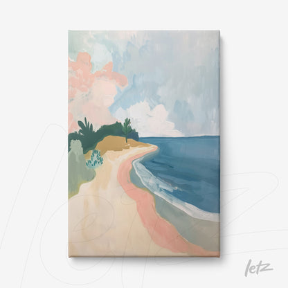 quadro em canvas com paisagem de praia e céu azul claro, vegetação à esquerda e ondas suaves à direita