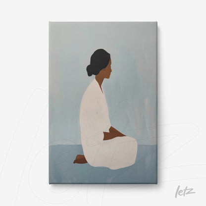 quadro em canvas de mulher sentada em pose contemplativa, com fundo em tons de azul e cinza
