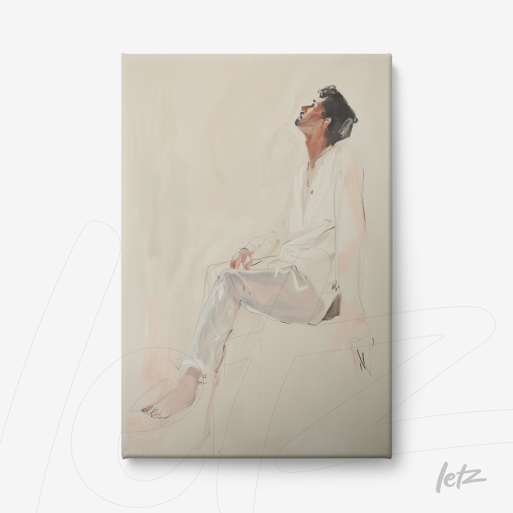 quadro em canvas com retrato minimalista de um homem em pose de reflexão, vestindo roupa clara e sentado sobre fundo suave