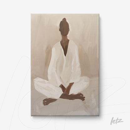 quadro em canvas retratando figura feminina em posição de meditação, com fundo em tons neutros e roupas brancas