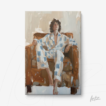 quadro em canvas com retrato de homem relaxando em sofá marrom usando pijama azul com manchas brancas