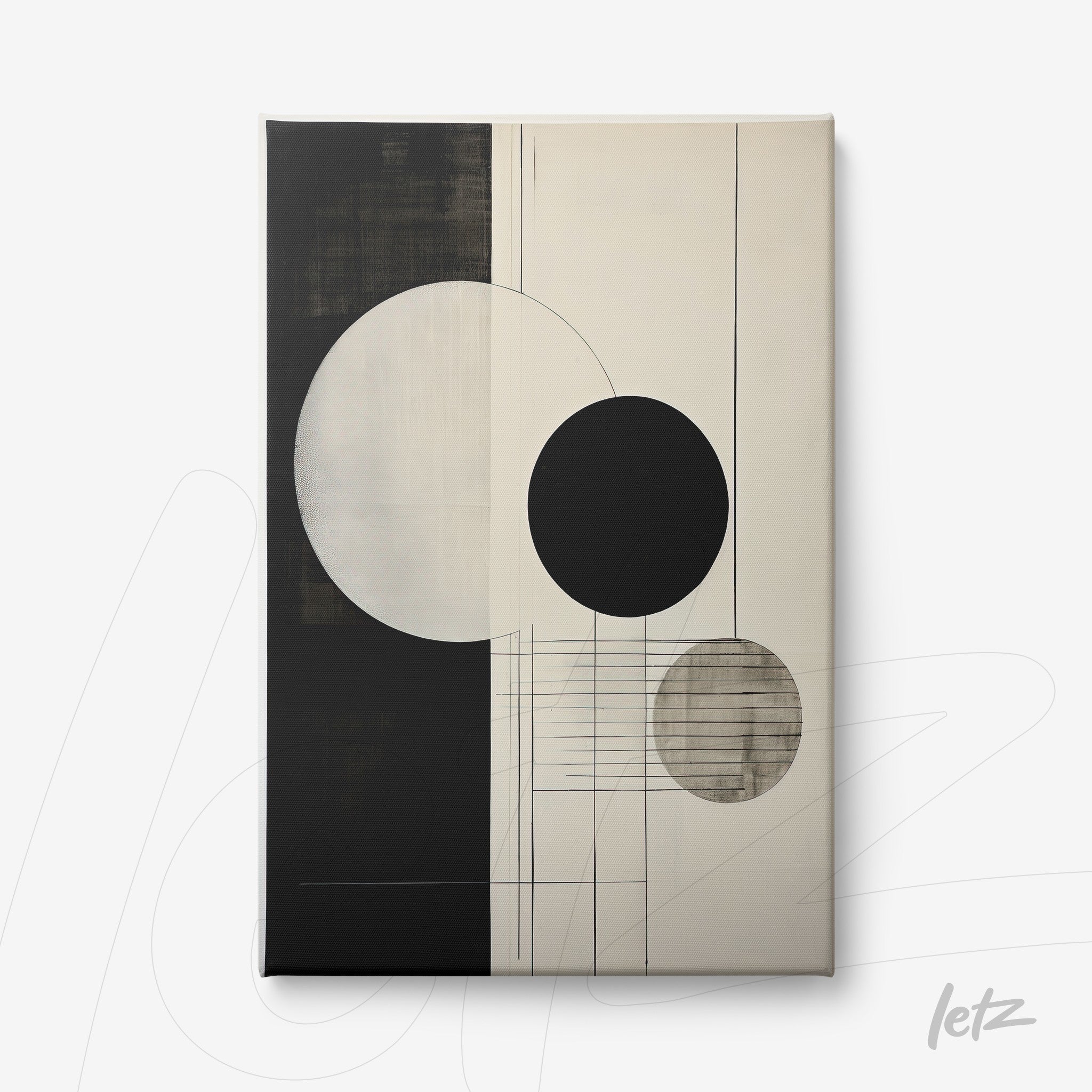 quadro em canvas com composição abstrata em preto e branco, apresentando círculos em diferentes tamanhos e texturas sobre fundo claro