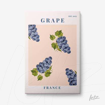 quadro com ilustração de cachos de uvas azuis sobre fundo rosa claro com texto em azul