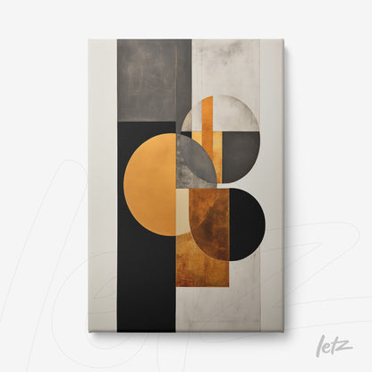 quadro em canvas com composição geométrica moderna em tons de preto, ouro e cinza, destacando formas circulares e retangulares