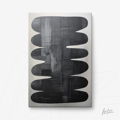 quadro em canvas com arte abstrata em tons de preto e cinza sobre fundo claro com formas curvas