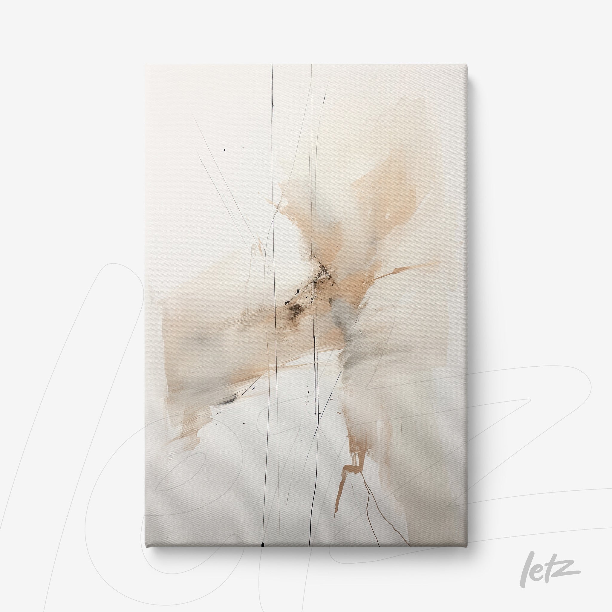 quadro em tela com arte abstrata em tons neutros e pinceladas suaves sobre fundo claro