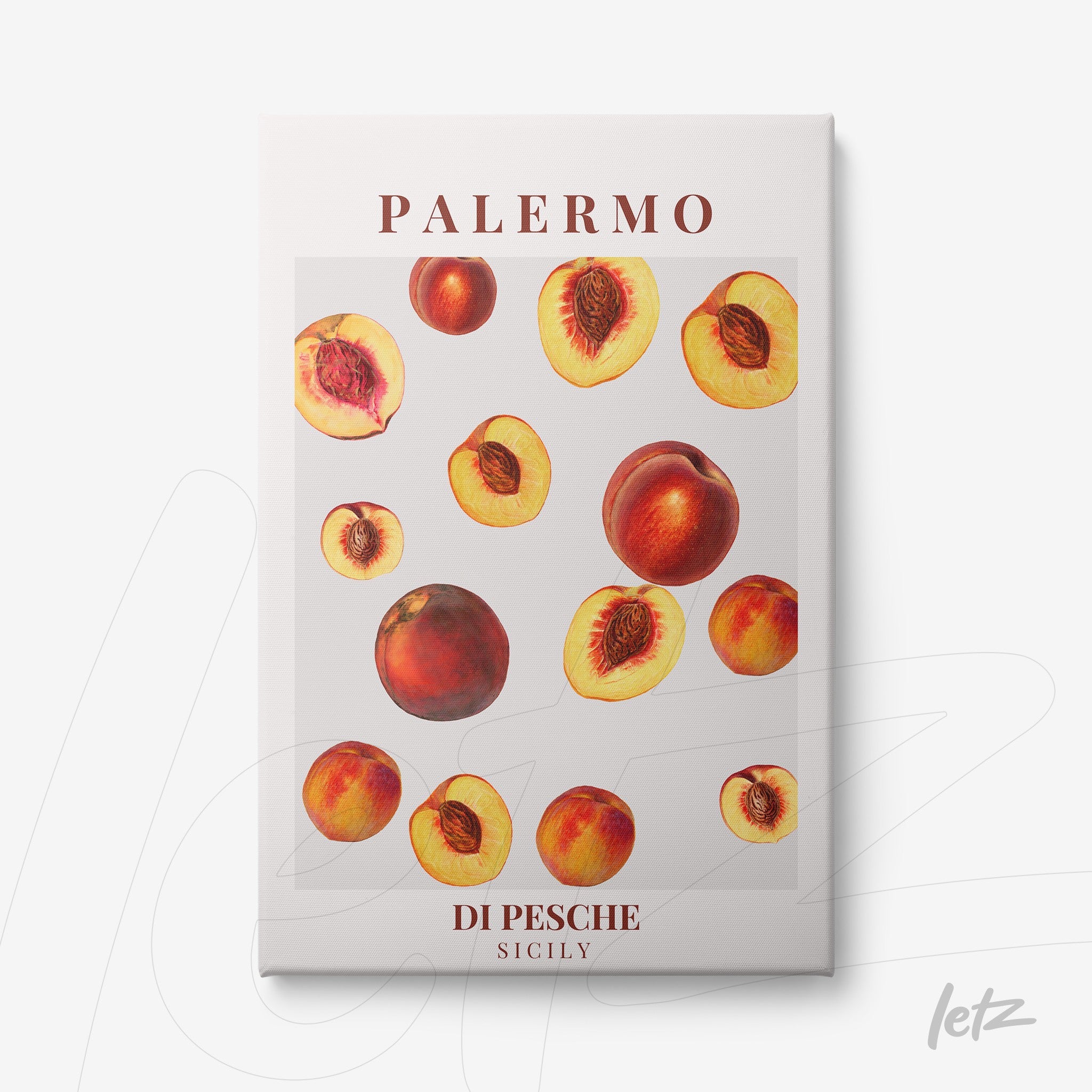 quadro com arte de pêssegos orgânicos em fundo branco, letras em vermelho na parte inferior