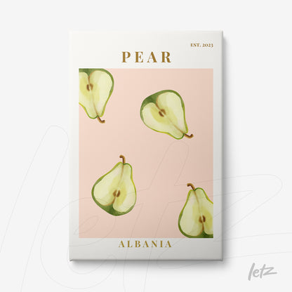 quadro com ilustração de peras verdes sobre fundo rosa, com o texto 'PEAR' e 'ALBANIA' em dourado