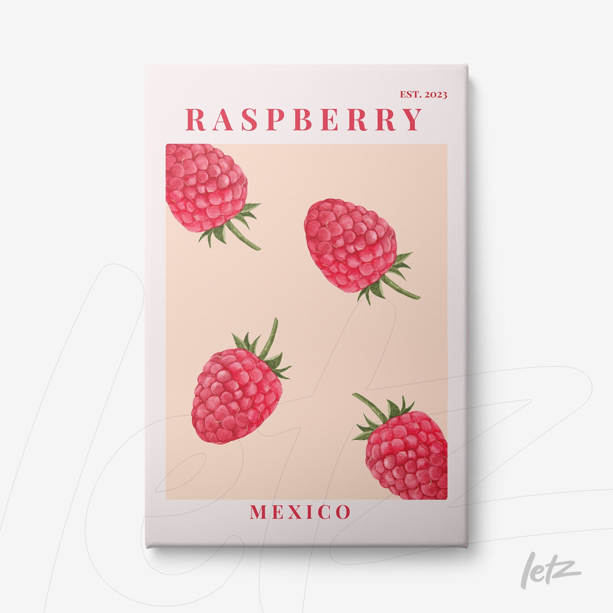 quadro com ilustração de framboesas em fundo rosado e detalhes em vermelho