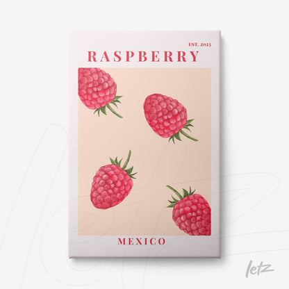 quadro com ilustração de framboesas em fundo rosado e detalhes em vermelho