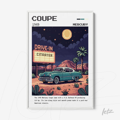 quadro com ilustração retrô de um carro Mercury 1949 em estilo pixel art, com fundo noturno e letreiro de drive-in