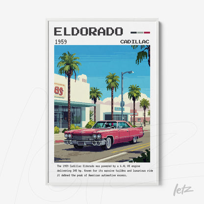 quadro com arte digital de um Cadillac Eldorado de 1959 em estilo pixelado com moldura branca