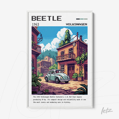 quadro de arte digital retrô do carro Volkswagen Beetle de 1963 em moldura branca