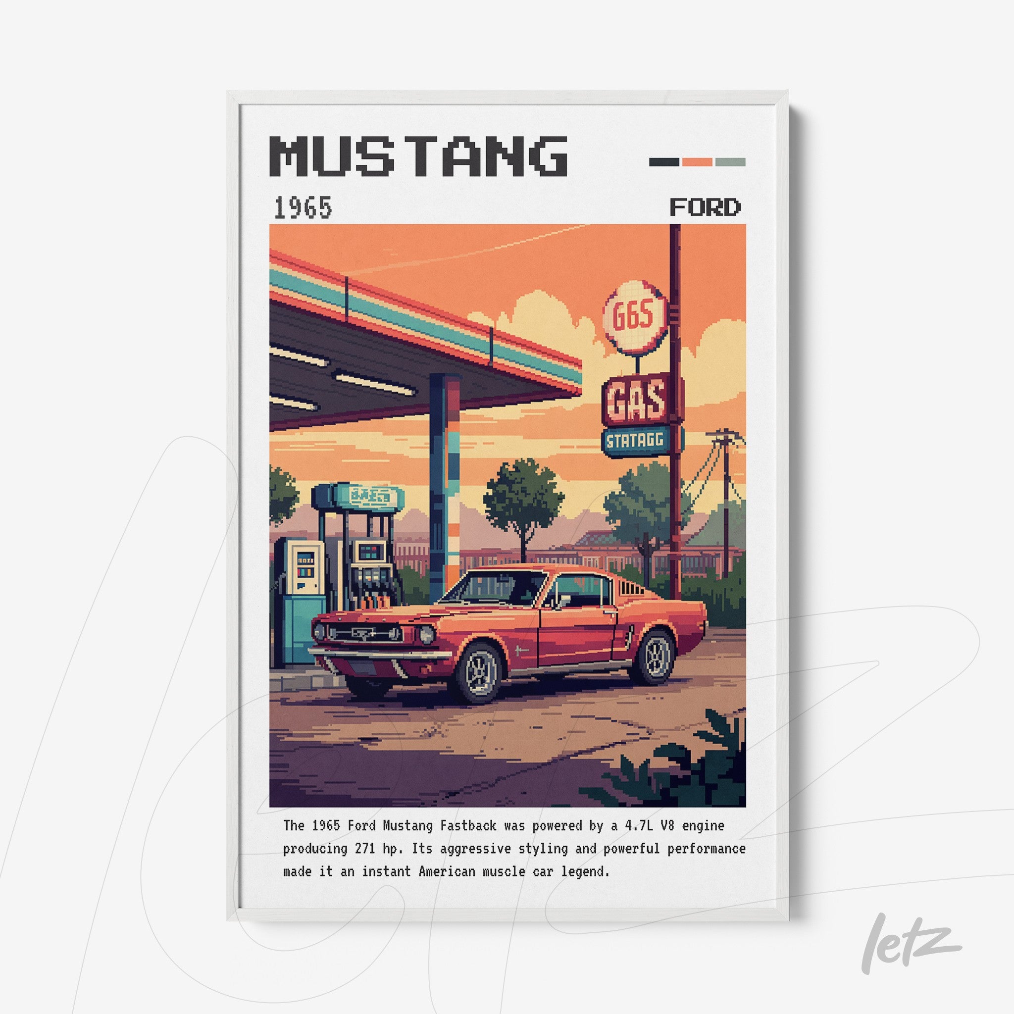 quadro com arte pixelada de um carro Mustang vermelho em frente a um posto de gasolina, moldura branca