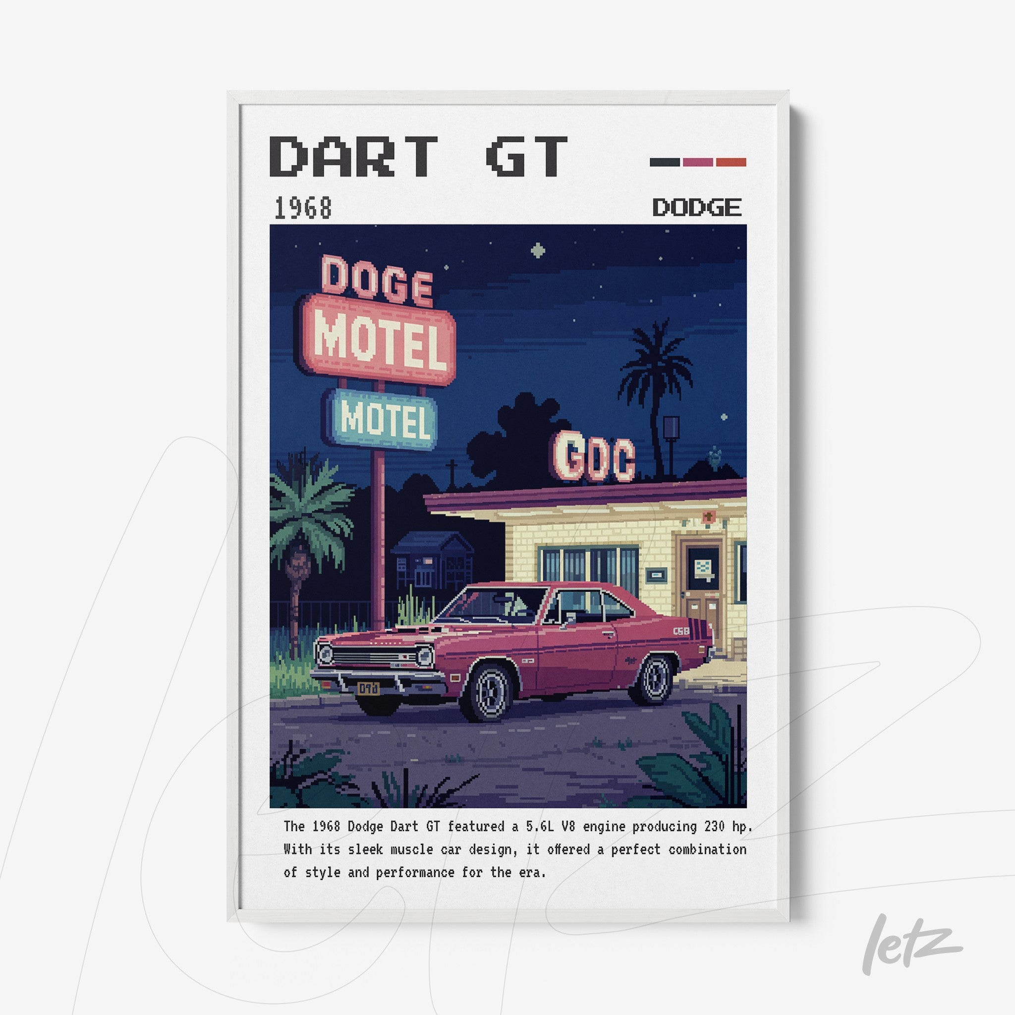 quadro com ilustração retrô do carro Dodge Dart GT em frente ao Dodge Motel com luzes coloridas