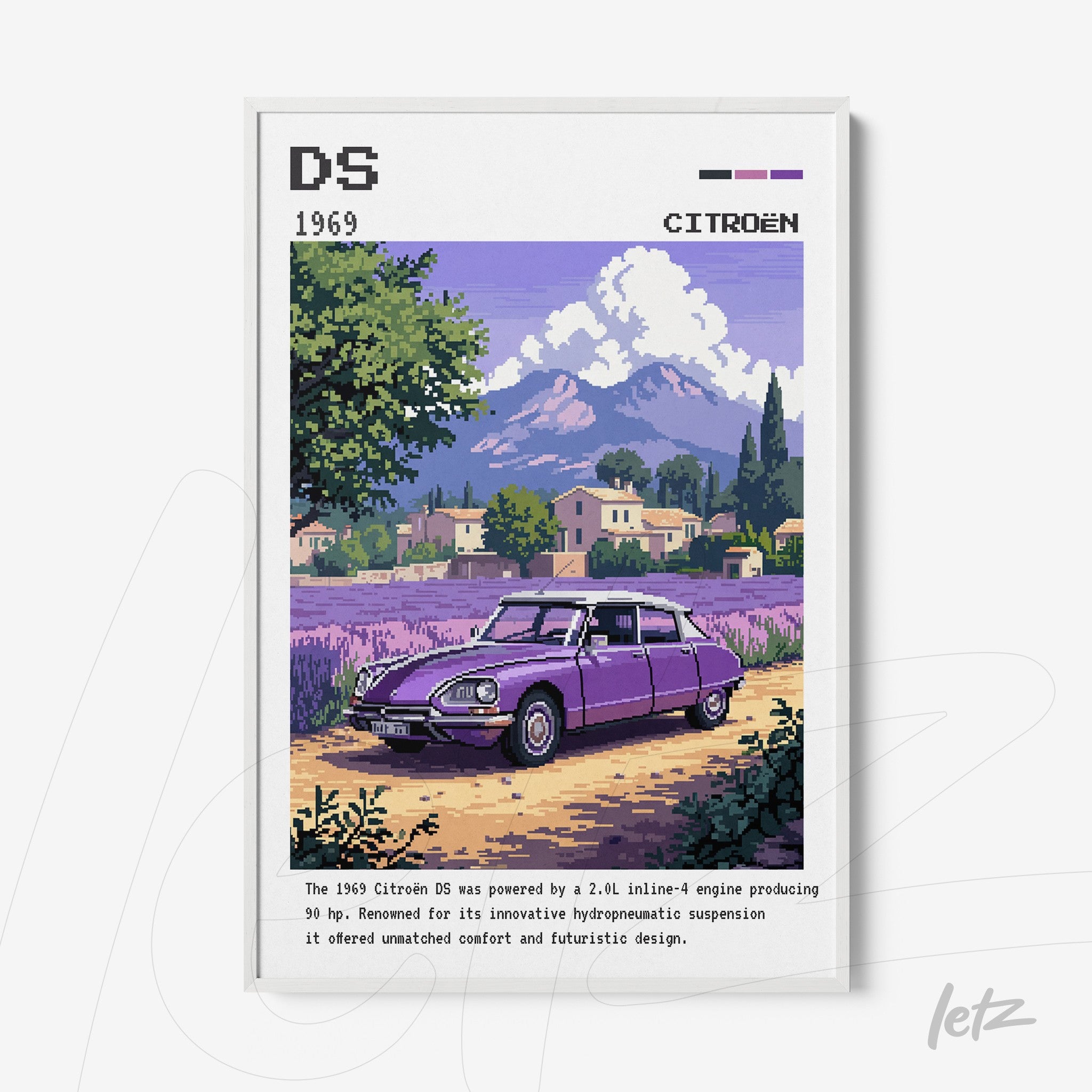 quadro com arte digital retrô mostrando um carro Citroën DS de 1969 em uma paisagem com montanhas e lavandas