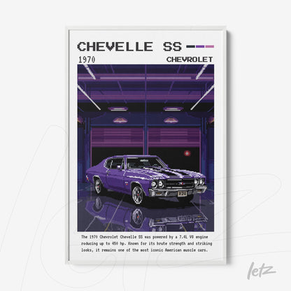 quadro com arte digital do carro Chevrolet Chevelle SS de 1970 em moldura branca