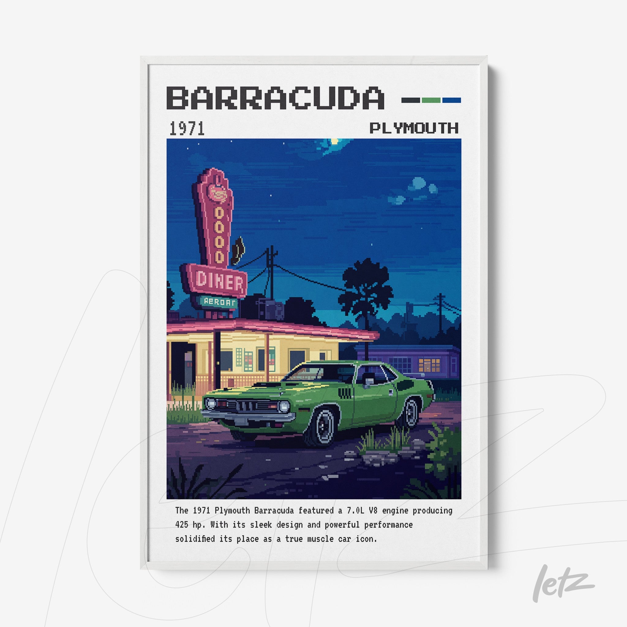 quadro com arte retro de um carro Plymouth Barracuda de 1971 em frente a um diner clássico, com cores vibrantes e moldura branca