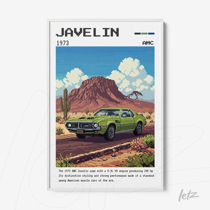 quadro com ilustração em pixel art de um carro AMC Javelin verde em frente a montanhas avermelhadas