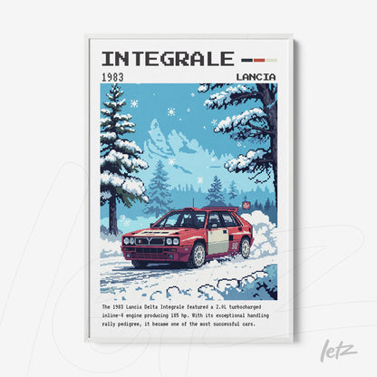 quadro com arte pixelada de carro Lancia Delta Integrale de 1983, com fundo de florestas e neve