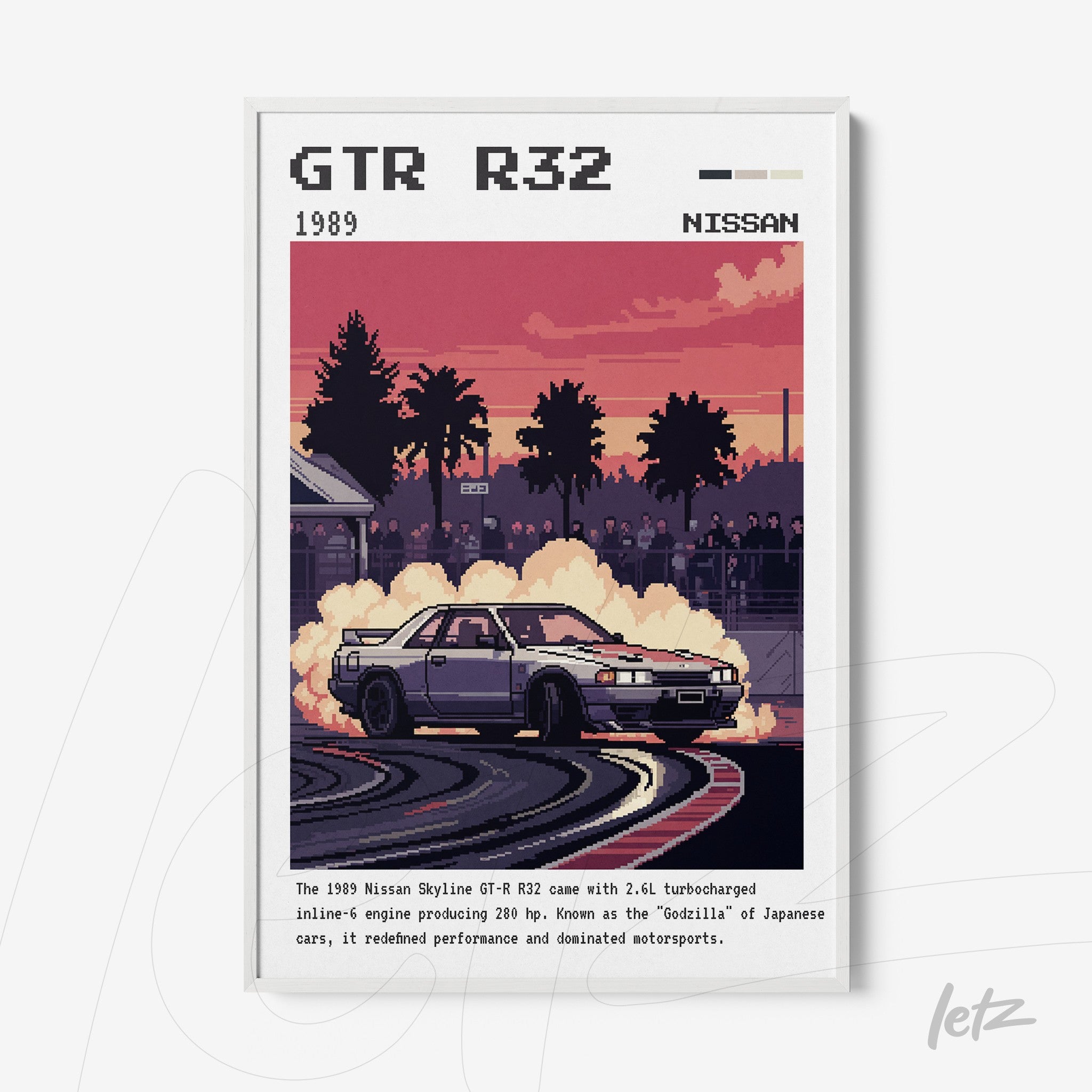quadro com arte em pixel do Nissan Skyline GT-R R32 sobre uma pista de corrida, com fundo de palmeiras ao entardecer