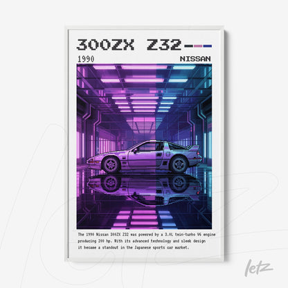 quadro com arte futurista do Nissan 300ZX Z32 em moldura branca com fundo colorido em neon