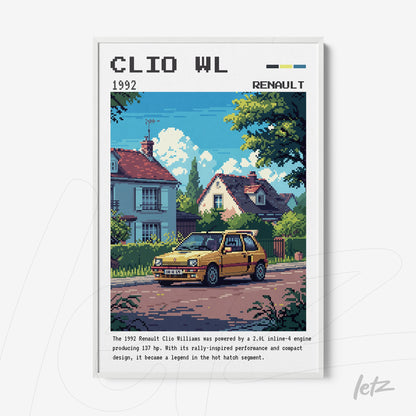 quadro com arte retro do carro Renault Clio Williams em uma cena urbana, com moldura branca