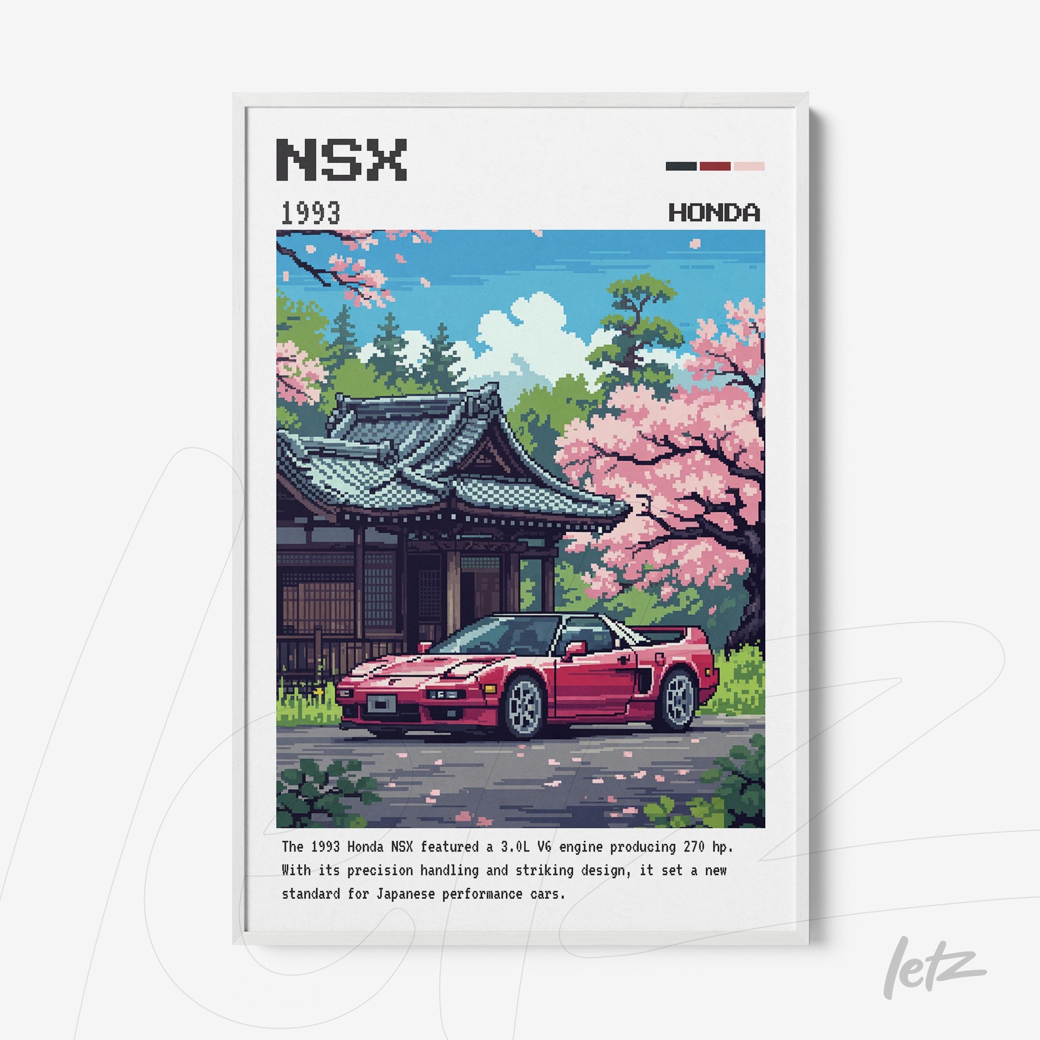 quadro em estilo pixel art do carro Honda NSX de 1993, exibido em frente a um templo japonês com cerejeiras em flor, moldura branca