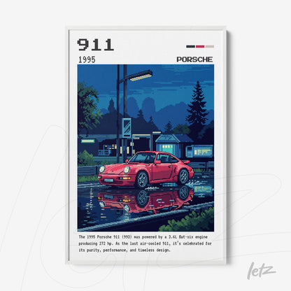 quadro com arte digital do carro Porsche 911 de 1995 em moldura branca, refletido em uma superfície de água de um pôr do sol