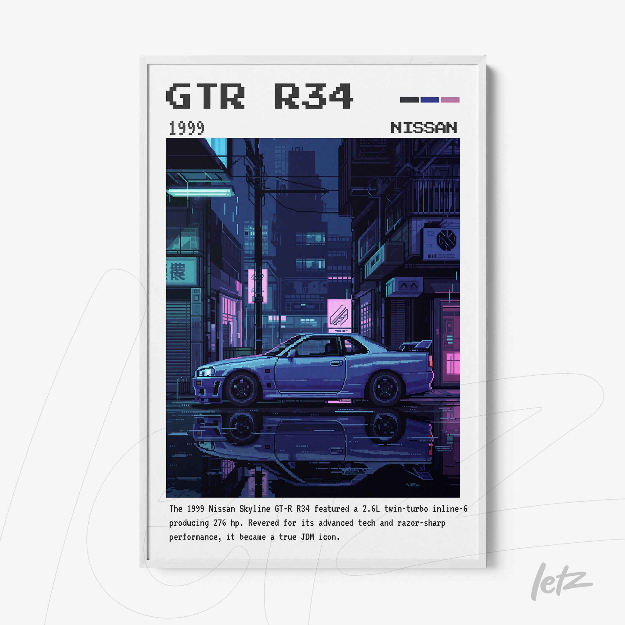 quadro com arte digital do carro Nissan GTR R34 em cenário urbano noturno, moldura branca