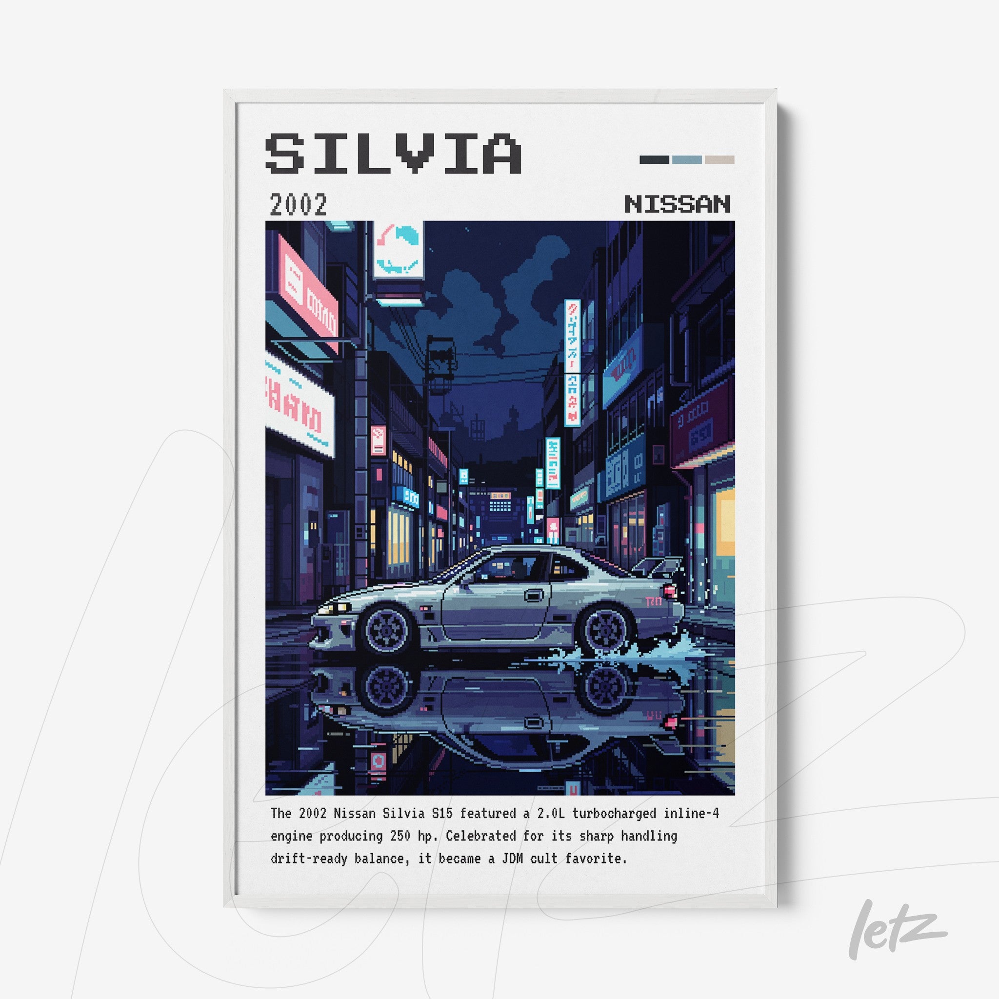 quadro com arte digital do carro Nissan Silvia S15 em estilo retrô com moldura branca