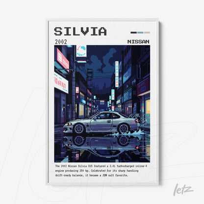 quadro com arte digital do carro Nissan Silvia S15 em estilo retrô com moldura branca