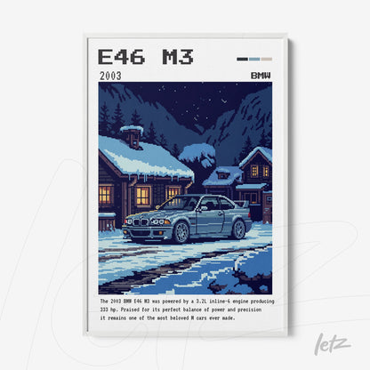 quadro com arte pixelada do BMW E46 M3 em uma paisagem de inverno com neve ao redor de uma casa