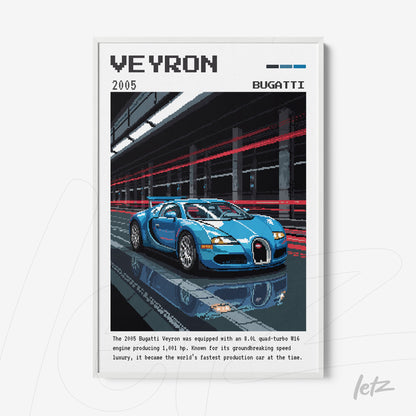 quadro com arte digital de apresentação de carro esportivo Bugatti Veyron em moldura branca