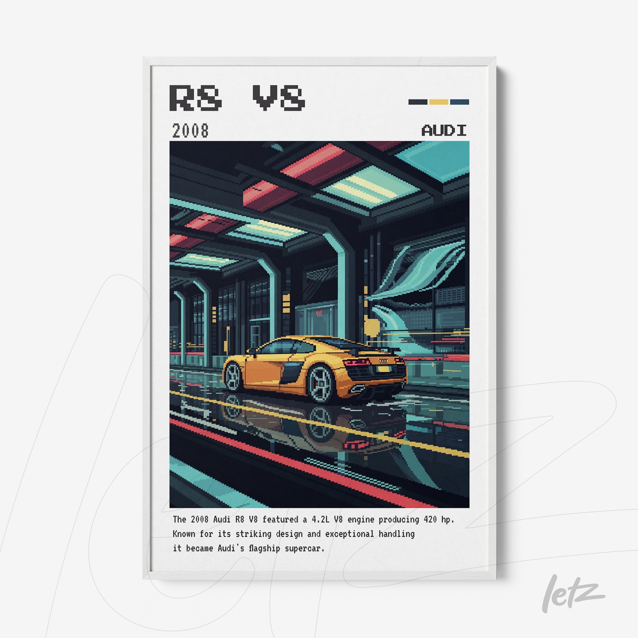 quadro com arte digital de carro esportivo Audi R8 em estilo retrô, com fundo colorido e moldura branca