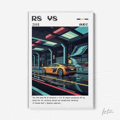 quadro com arte digital de carro esportivo Audi R8 em estilo retrô, com fundo colorido e moldura branca