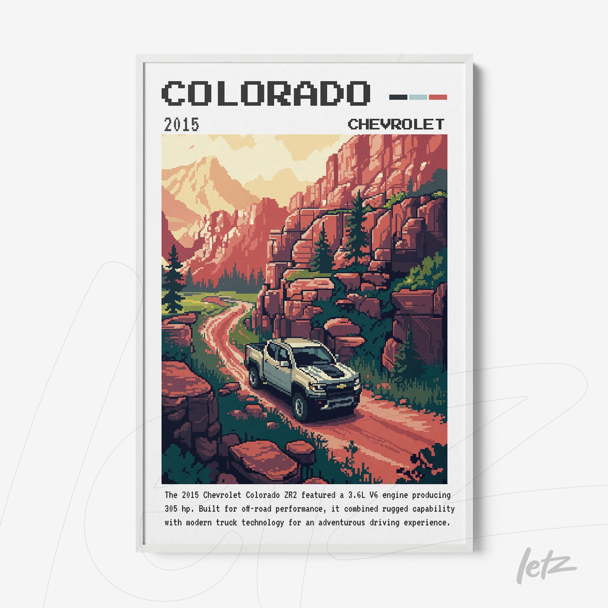 quadro com arte retrô do caminhão Chevrolet Colorado 2015, em moldura branca, com fundo montanhoso e estrada de terra