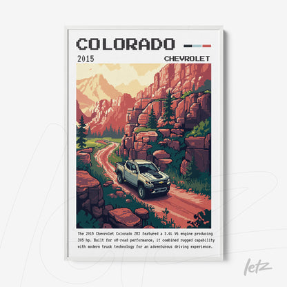 quadro com arte retrô do caminhão Chevrolet Colorado 2015, em moldura branca, com fundo montanhoso e estrada de terra