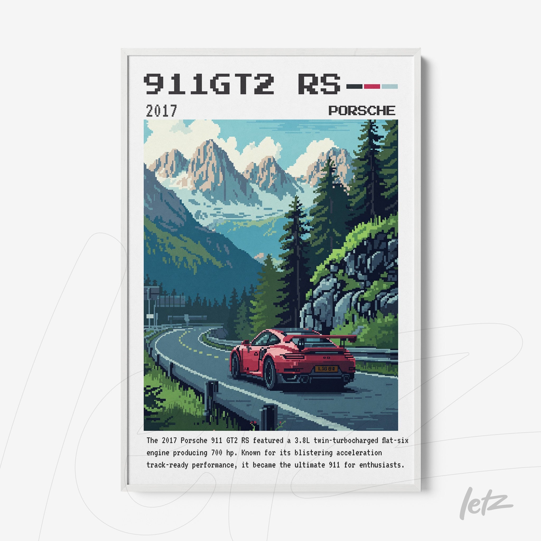 quadro com arte vintage de carro esportivo Porsche 911 GT2 RS em moldura branca, com paisagens montanhosas e estrada sinuosa
