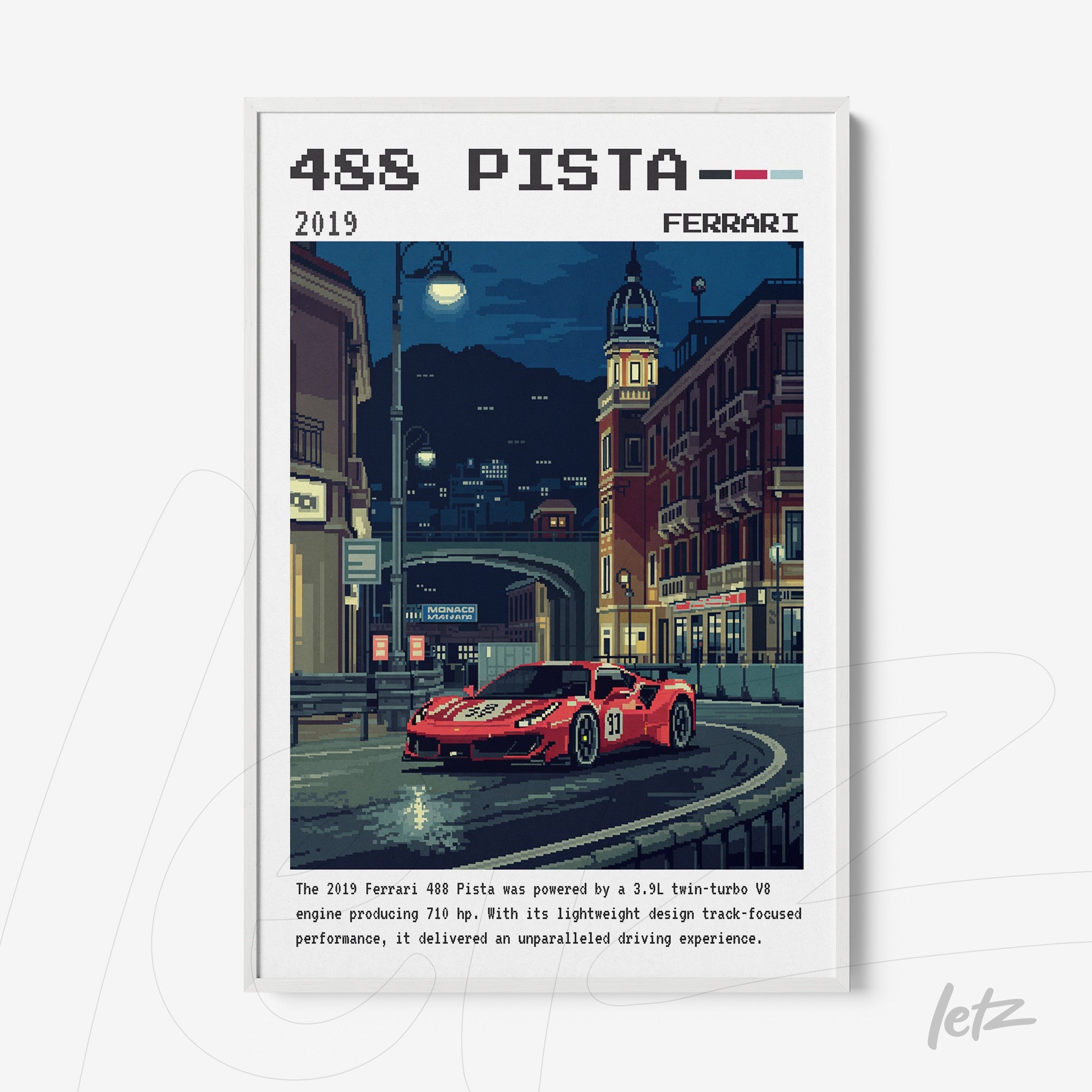 quadro com arte digital de carro esportivo Ferrari 488 Pista em molde branca, com fundo urbano noturno