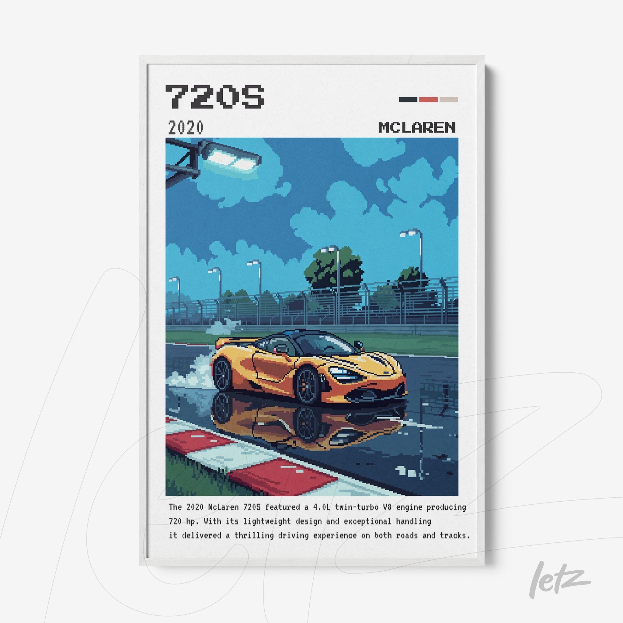 quadro com arte digital de um carro McLaren 720S amarelo em uma pista molhada refletindo no chão, moldura branca