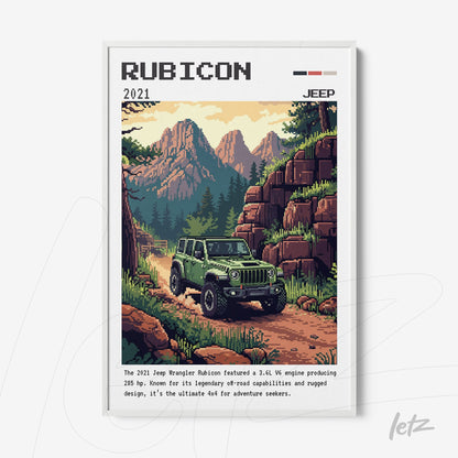 quadro com arte digital do jeep wrangler rubicon em uma paisagem montanhosa, moldura branca moderna