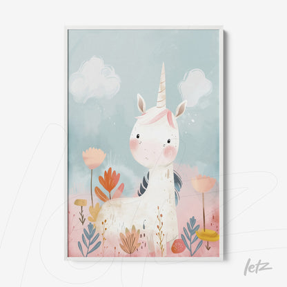 quadro com ilustração infantil de unicórnio em fundo azul claro com flores e nuvens