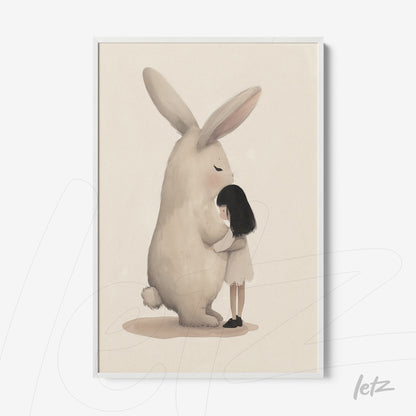 quadro com ilustração de uma menina abraçando um coelho grande em fundo claro, moldura branca