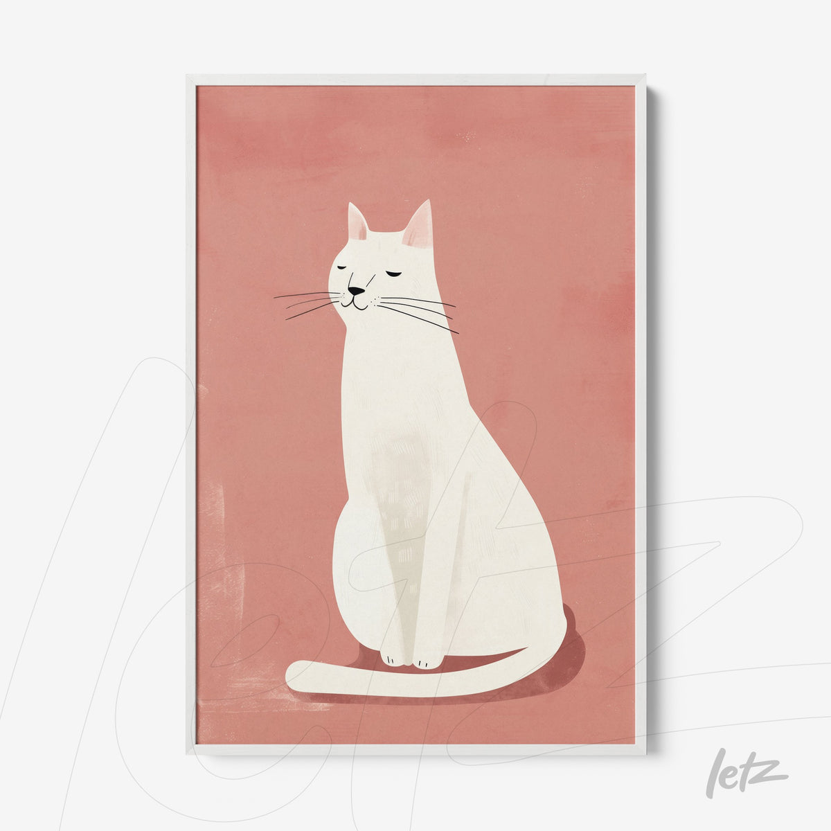 quadro com ilustração minimalista de gato branco sobre fundo rosa, em moldura branca