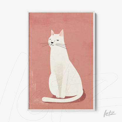 quadro com ilustração minimalista de gato branco sobre fundo rosa, em moldura branca