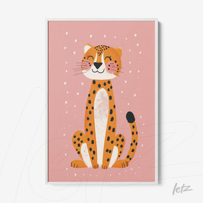 quadro com ilustração de um leopardo sorridente sobre fundo rosa, moldura branca
